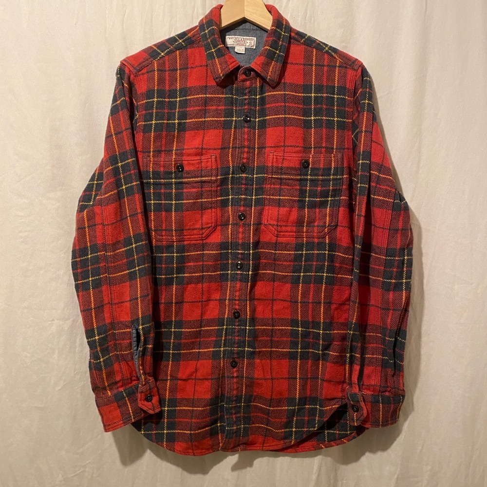 Wallace & Barnes Mens Red Buffalo Plaid Flannel Shirt S Heavy Cotton Workwear